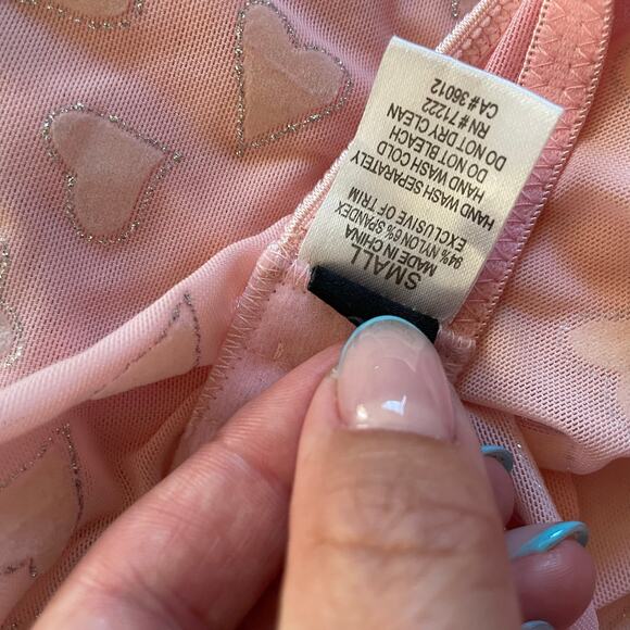 Pink Heart Mesh Babydoll Lingerie Dress Lace Trim Pleated Hem S - Picture 9 of 11